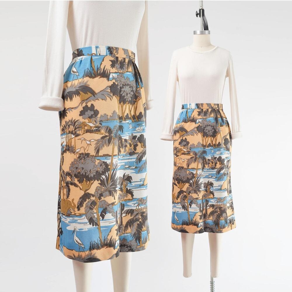 Vintage Cute Safari Animal Cotton Knit Scenic Novelty Print Midi Length Skirt M
